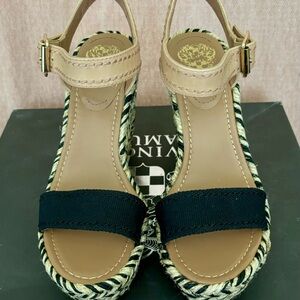 Vince Camuto Black and Tan Heels with Moderate Height and Gold Accents